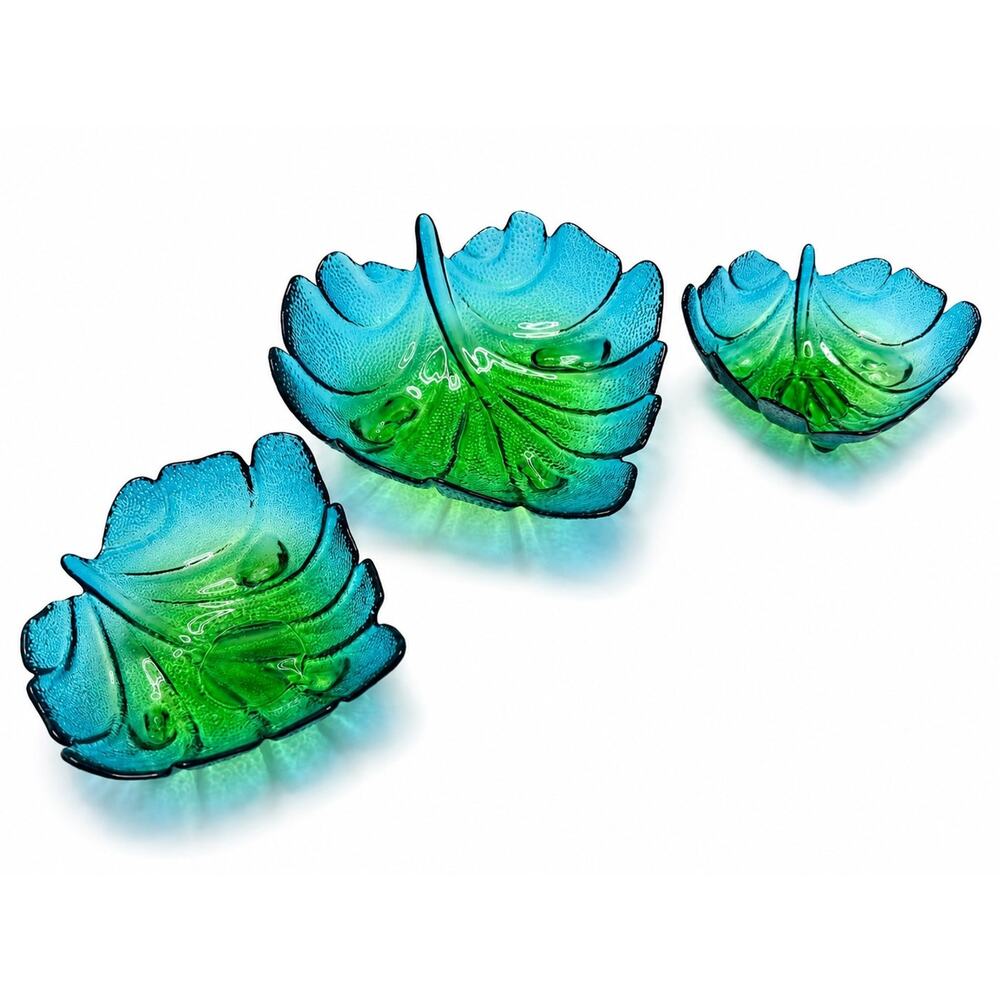 Vintage Leaf Glass Bowl Set - 3 Piece Teal Blue Green Ombre - Vidrios San Miguel
